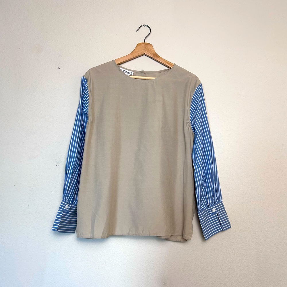 Vintage Gloria Lance Tan and Blue Stripe Long Sleeve Blouse Contrast Sleeves